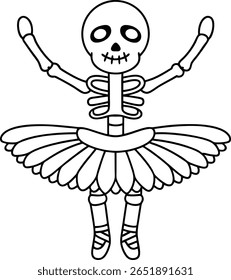 Um esboço em preto e branco ilustração de um esqueleto vestindo um tutu e sapatos de balé, com os braços levantados em uma pose dançante.