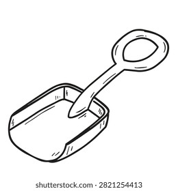 A black and white outline illustration of a small plastic shovel used for playing in the sand or garden.