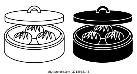 black and white outline illustration and a solid black illustration of bamboo steamers containing dumplings.