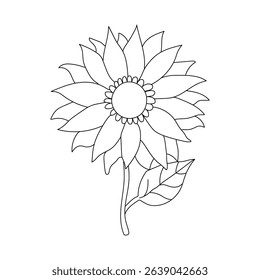 A black and white outline illustration of a sunflower with a single leaf