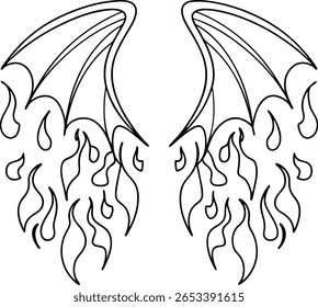 Um contorno preto e branco ilustração de duas asas estilizadas com chamas emanando da parte inferior.
