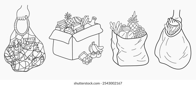 Una ilustración de contorno en blanco y negro de varias bolsas de comestibles, incluidas bolsas reutilizables ecológicas y cajas llenas de productos frescos. Ideal para contenido sobre compras sostenibles, tiendas de comestibles y