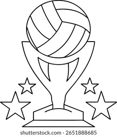 A black and white outline illustration of a volleyball trophy with three stars surrounding it. The trophy has a base and two handles supporting a volleyball.