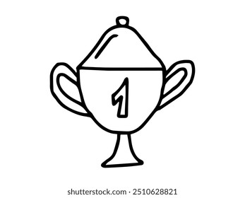 Black and white outline illustration of winners trophy cup with number one. Concept of victory, achievement, winner, celebration, sport trophy, award. Print, icon, design element. Back to School.