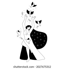Black and white outline illustration with woman and birds. Female cartoon character. Girl power. Greeting card for International Women's day. Freedom concept. Hand drawn doodles.