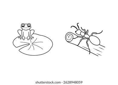 Black and white outline illustrations of a frog on a lilypad and an ant on a log