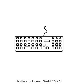 Black and white outline image of a computer keyboard with a wire. Minimalistic linear style without fill, with the image of keys and cable. 