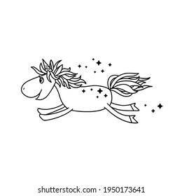 Black and white outline image of a funny cartoon unicorn. Isolated on a white background. Fantastic animal. For textiles, kids party design, kids room, prints, posters, stickers, tattoos, etc. Vector.