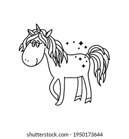 Black and white outline image of a funny cartoon unicorn. Isolated on a white background. Fantastic animal. For textiles, kids party design, kids room, prints, posters, stickers, tattoos, etc. Vector.