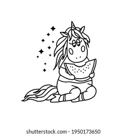 Black and white outline image of a funny cartoon unicorn with a watermelon. Isolated on a white background. Fantastic animal. For textiles, kids party design, prints, posters, stickers, tattoos.Vector