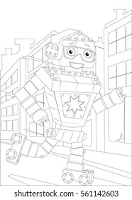a black and white outline image of a robot, roller-skate. vector coloring page (editable layers)