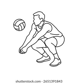 Black and white outline image of a volleyball player in a low position to receive the ball. Line illustration demonstrates the athlete's concentration, technique and readiness for the game. 