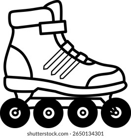 Black and white outline of an inline roller skate with four wheels. Ideal for coloring pages, kids’ activities, and sports-themed designs.
