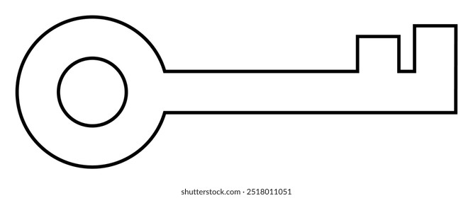 Un contorno en blanco y negro de una llave con un mango circular y un simple extremo con muescas. Ideal para seguridad, acceso, desbloqueo, protección y temas relacionados con las claves. Minimalista, limpio, Vector.