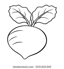 Black and white outline of a kohlrabi with two detailed leaves, drawn in a clean line art style