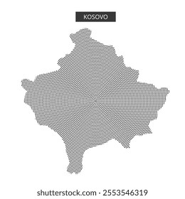 Black and white outline of Kosovo created with a dot pattern, showcasing geographical features and artistic design.