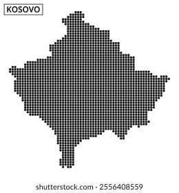 Black and white outline of Kosovo created with a dot pattern, showcasing geographical features and artistic design.