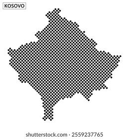 Black and white outline of Kosovo created with a dot pattern, showcasing geographical features and artistic design.