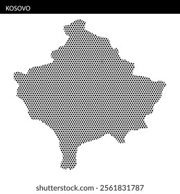 Black and white outline of Kosovo created with a dot pattern, showcasing geographical features and artistic design.