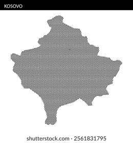 Black and white outline of Kosovo created with a dot pattern, showcasing geographical features and artistic design.