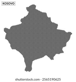 Black and white outline of Kosovo created with a dot pattern, showcasing geographical features and artistic design.