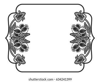 Black and white outline label with decorative flowers. Copy space. Vector clip art.