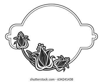 Black and white outline label with decorative flowers. Copy space. Vector clip art.