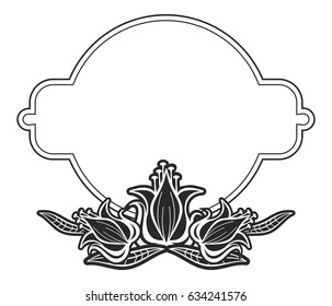 Black and white outline label with decorative flowers. Copy space. Vector clip art.