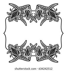 Black and white outline label with decorative flowers. Copy space. Vector clip art.