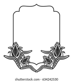 Black and white outline label with decorative flowers. Copy space. Vector clip art.