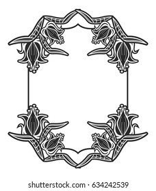 Black and white outline label with decorative flowers. Copy space. Vector clip art.
