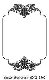 Black and white outline label with decorative flowers. Copy space. Vector clip art.