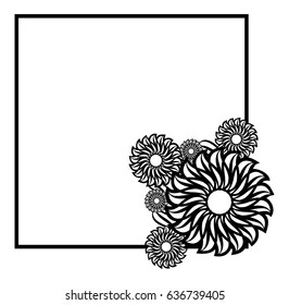 Black and white outline label with decorative flowers. Copy space. Vector clip art.