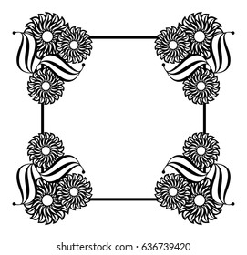 Black and white outline label with decorative flowers. Copy space. Vector clip art.