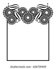 Black and white outline label with decorative flowers. Copy space. Vector clip art.