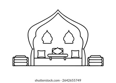 A black and white outline of a majlis seating area with pillows.