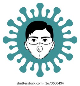 Black and white outline male face in a protective medical mask against viruses and odours, cartoon men in a respirator to prevent infection on the turquoise virus background