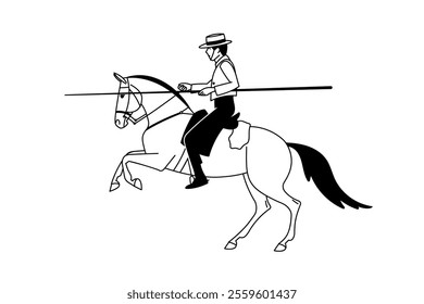 Black and white outline of a man riding a horse in traditional attire and a hat