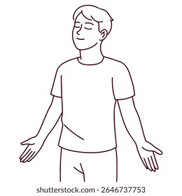Black and white outline of man standing still with closed eyes and arms open, practicing breathing and meditation for inner balance