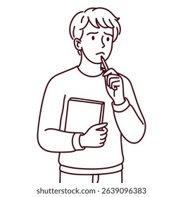 Black and white outline of a man with thoughtful expression and finger to chin, holding a notebook. Ideal for educational, planning, or memory themes