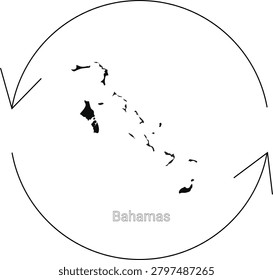 A black and white outline map of the Bahamas islands within a circle with directional arrows on the sides.