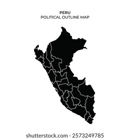 A black and white outline map displays the political boundaries of Peru, showcasing various regions and their divisions without additional labels or information.