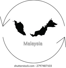 A black and white outline map of Malaysia is shown within a circle with two opposing arrows indicating movement or connection.