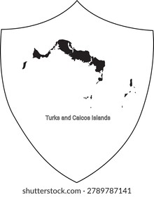 A black and white outline map of the Turks and Caicos Islands presented within a shield shape.