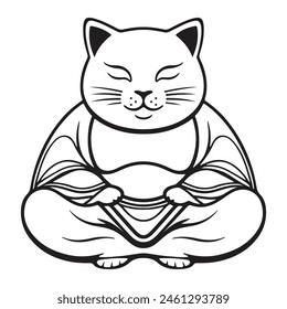 Black and White Outline Meditating Cat Buddha vector template