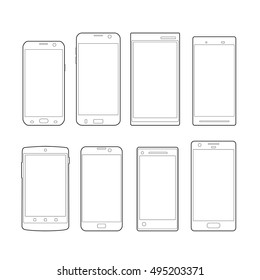 Black And White Outline Modern Drawing Smartphone. Elegant Thin Line Style Design Icons. Set Of Mobile Cell Phone Outlines As Vectors.