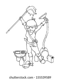 Black and white outline, Mom Equipped with cleaning stuff, vector illustration