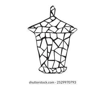 Black and white outline mosaic style lantern illustration isolated on white background. Concept of decorative lighting, abstract patterns, vintage design, monochromatic art, street lantern, light