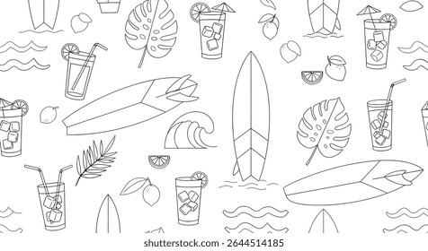 Black and white outline pattern featuring surfboards, tropical drinks with ice, waves, lemons, and monstera leaves.