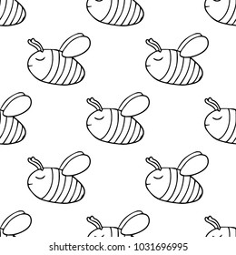 Black and white outline pattern with hand drawn doodle cartoon  bees. Background for kids and children.